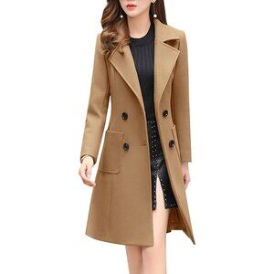 Women's Camel Elegant Notched Collar Double Breasted Wool Blend Over Coat